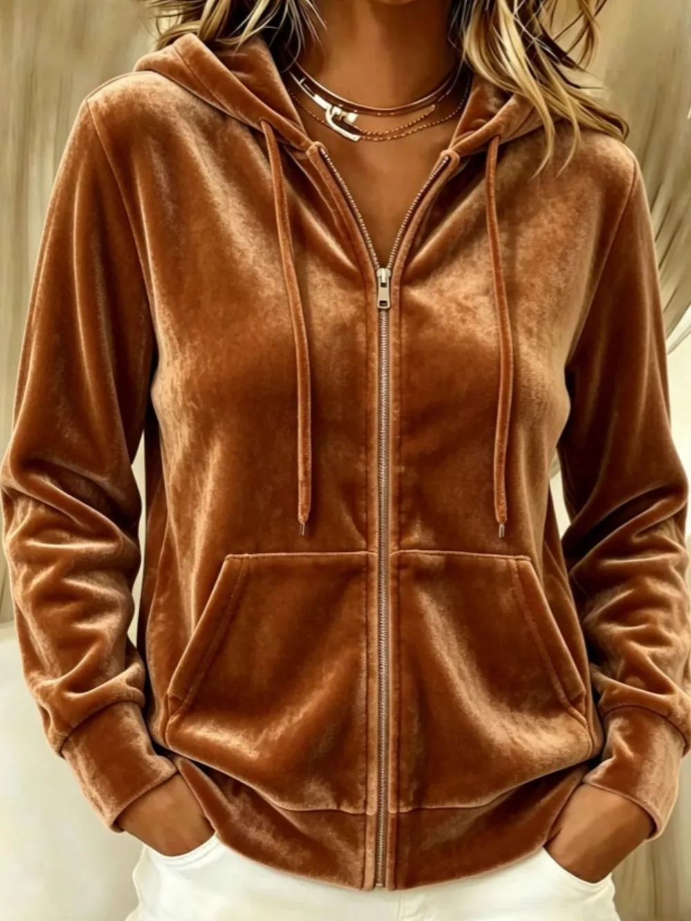 Full Size Velvet Zip-Up Outerwear with Drawstring Plus Size, image 4