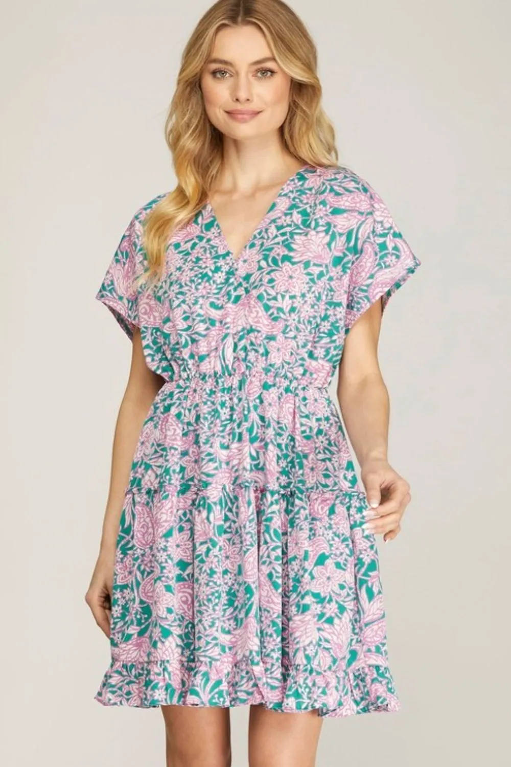 Full Size Ruffled Hem Printed Surplice Kimono Sleeve Mini Dress Plus Size
