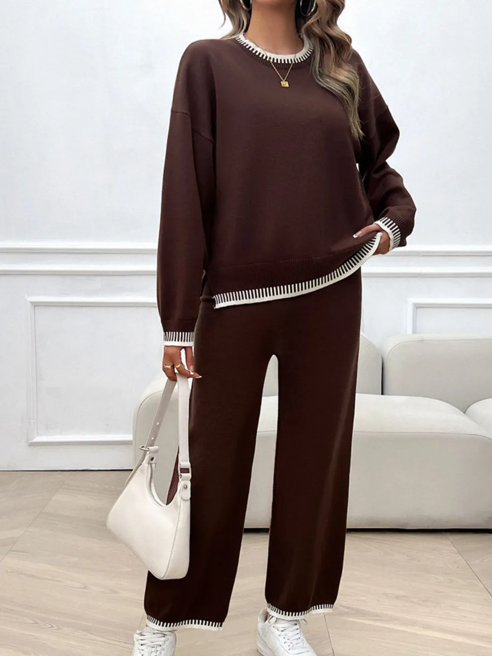 Round Neck Dropped Shoulder Top and Pants Sweater Set, image 17