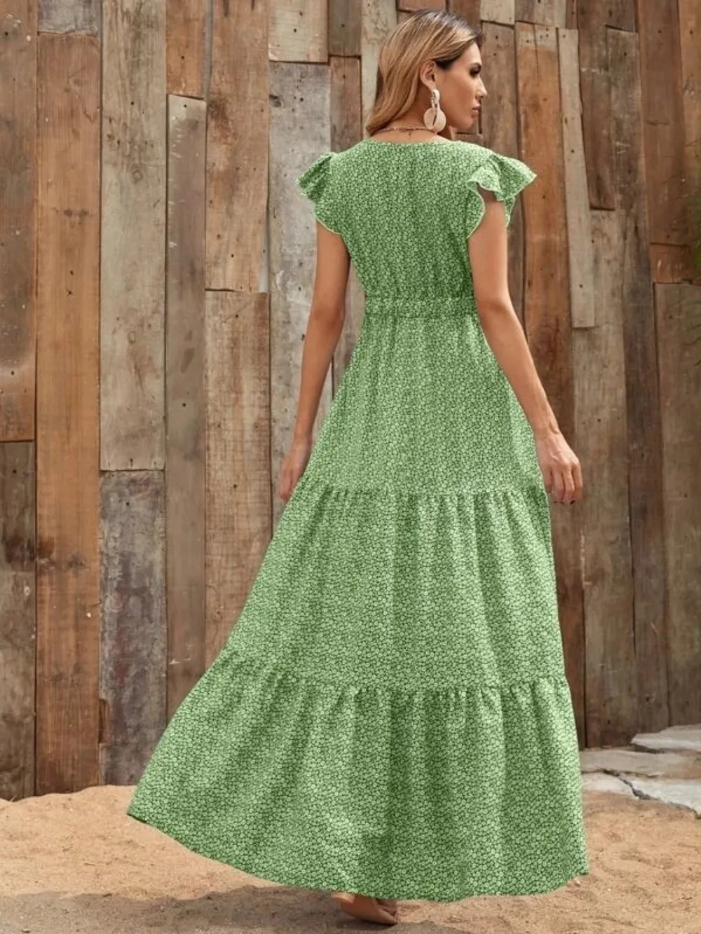 Printed V-Neck Ruffled Cap Sleeve Maxi Dress, image 8