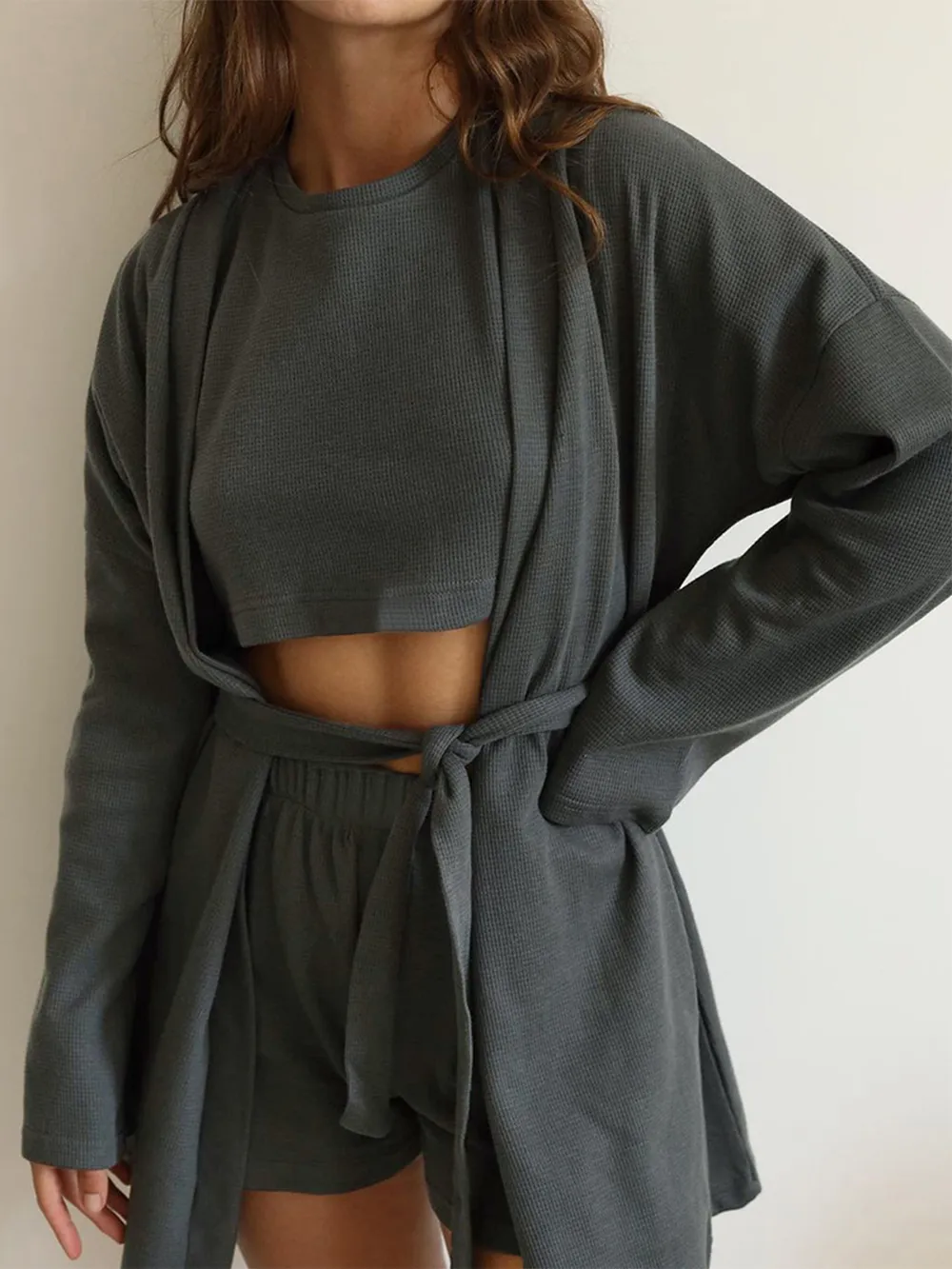 Waffle-Knit Round Neck T-Shirt, Open Front Cardigan and Shorts Set, image 2