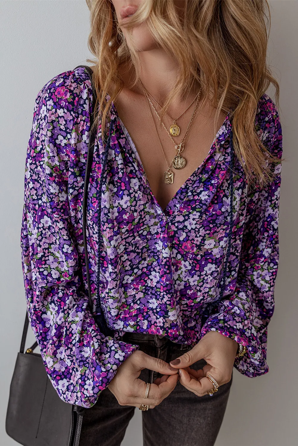 Floral Tie Neck Long Sleeve Blouse, image 3