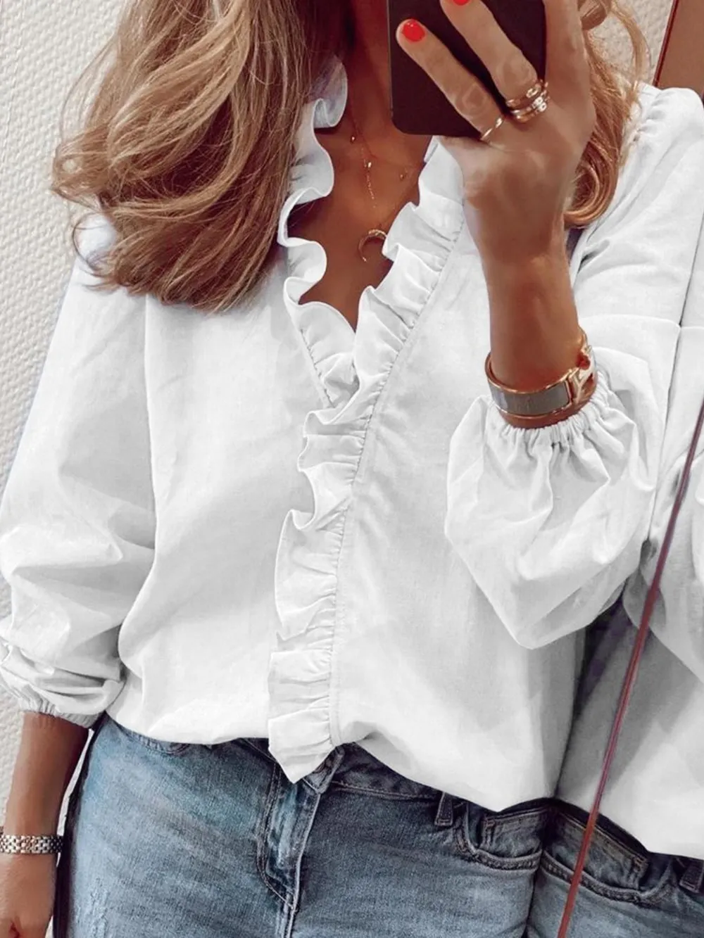 Ruffled V-Neck Long Sleeve Blouse, image 17