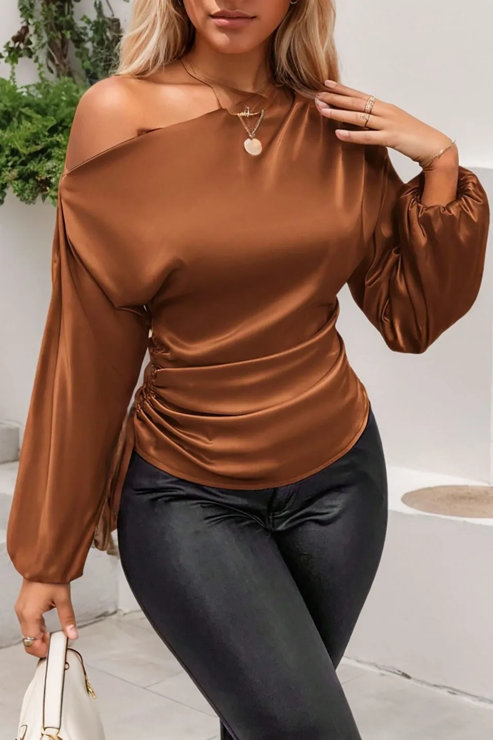 Drawstring One Shoulder Long Sleeve Blouse, image 16