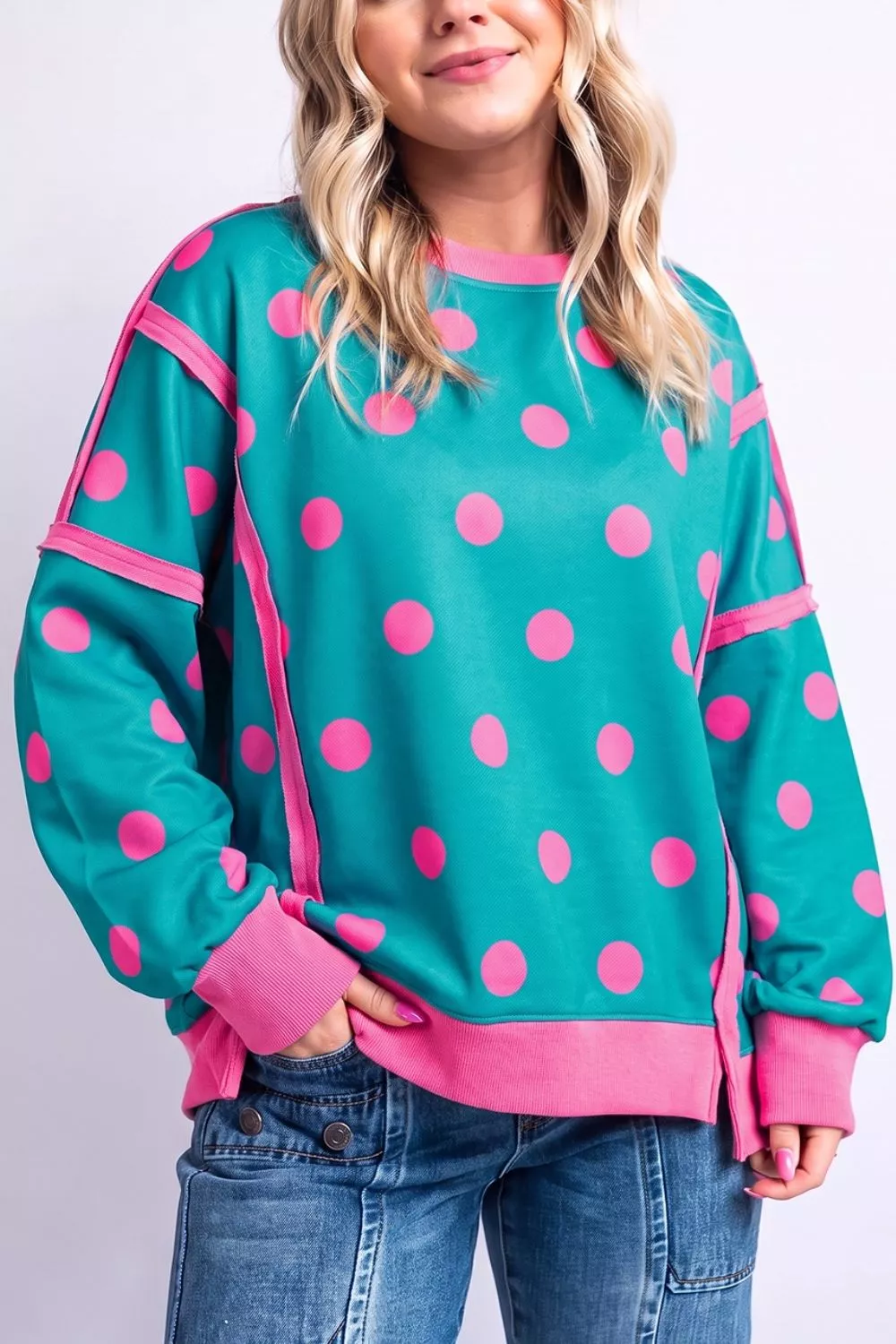 Polka Dot Contrast Patchwork Round Neck Baggy Sweatshirt