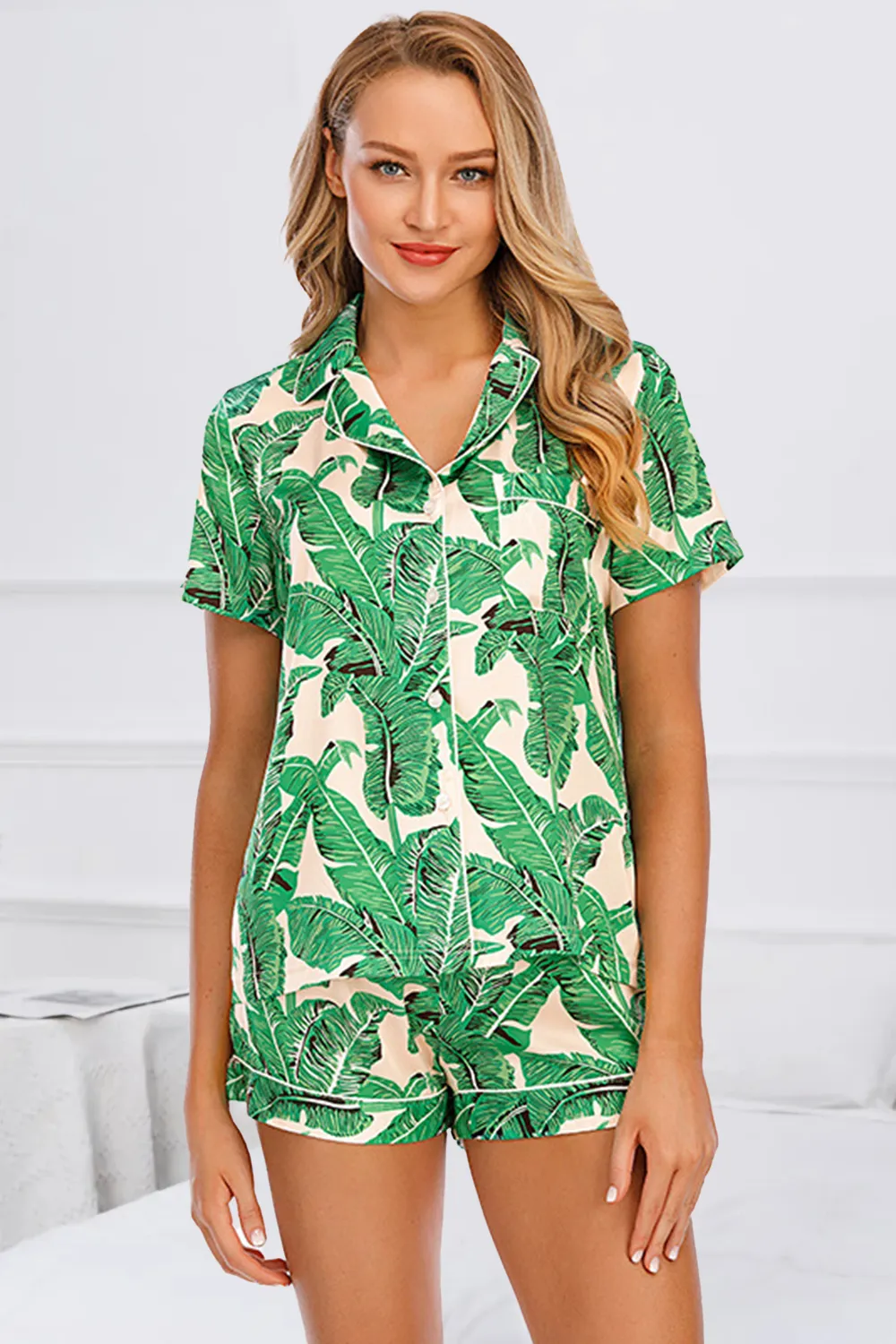 Printed Button Up Short Sleeve Top and Shorts Lounge Set, image 26