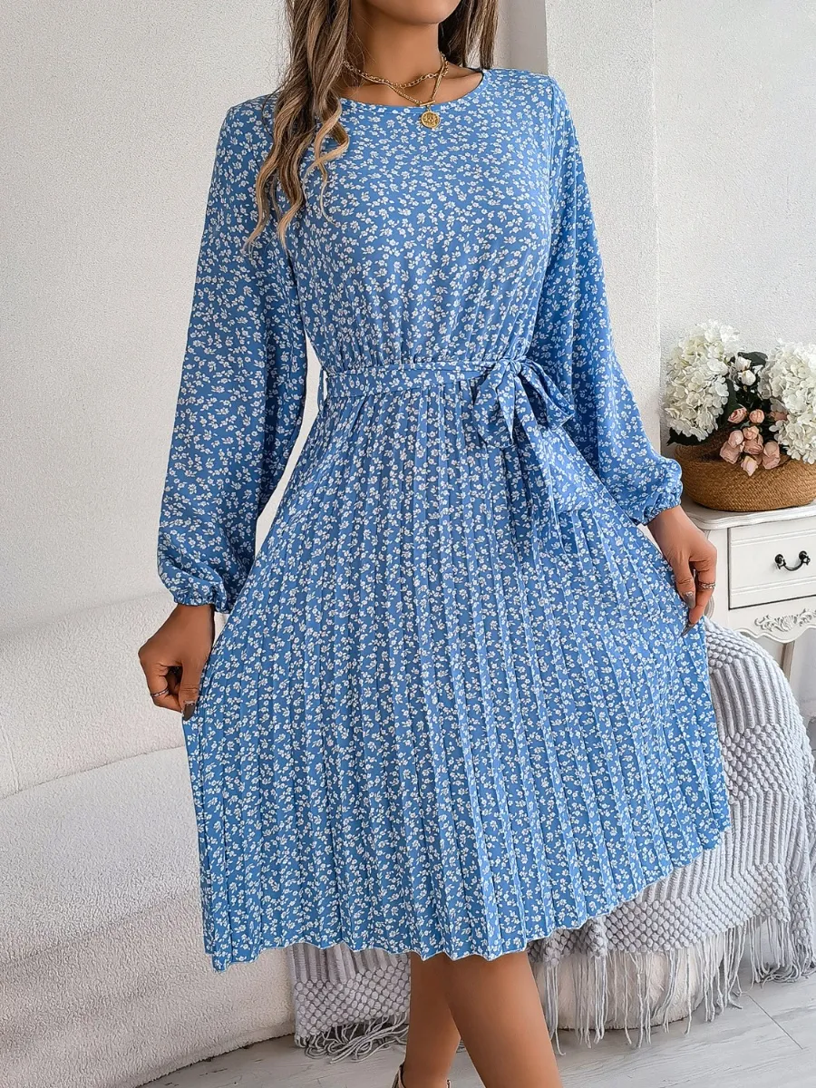 Ditsy Floral Tie Waist Pleated Dress, image 2