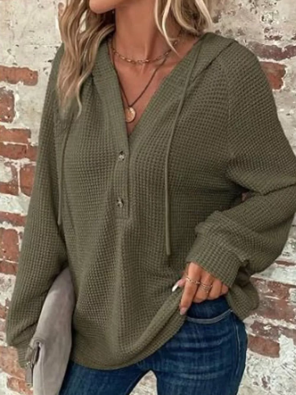 Waffle Knit Button Detail Hoodie, image 10
