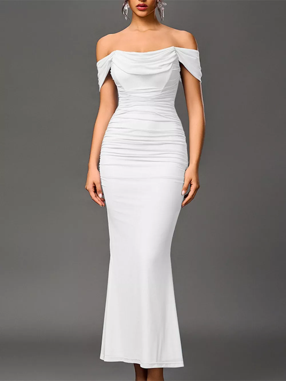 Off-Shoulder Ruched Mermaid Maxi Dress, image 20