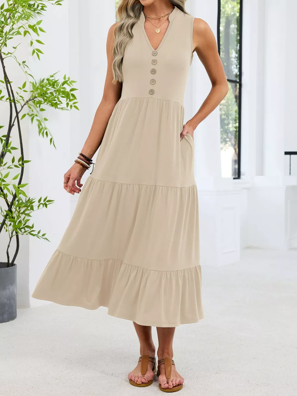 Sleeveless Notched Tiered Midi Dress, image 17