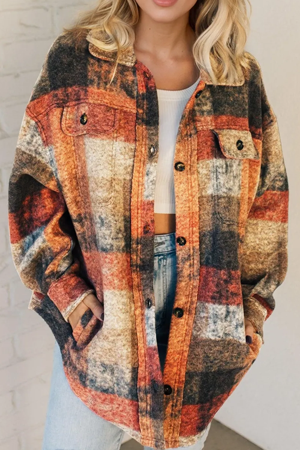 Button Up Plaid Fleece Shacket with Pockets, image 5