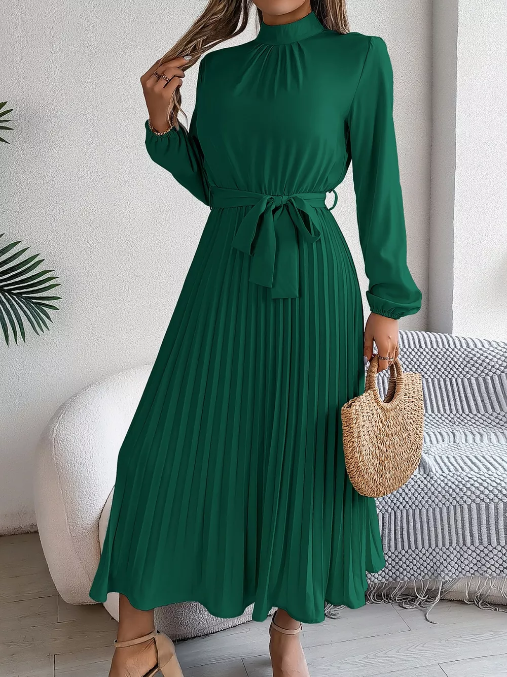 Mock Neck Pleated Midi Dress, image 19