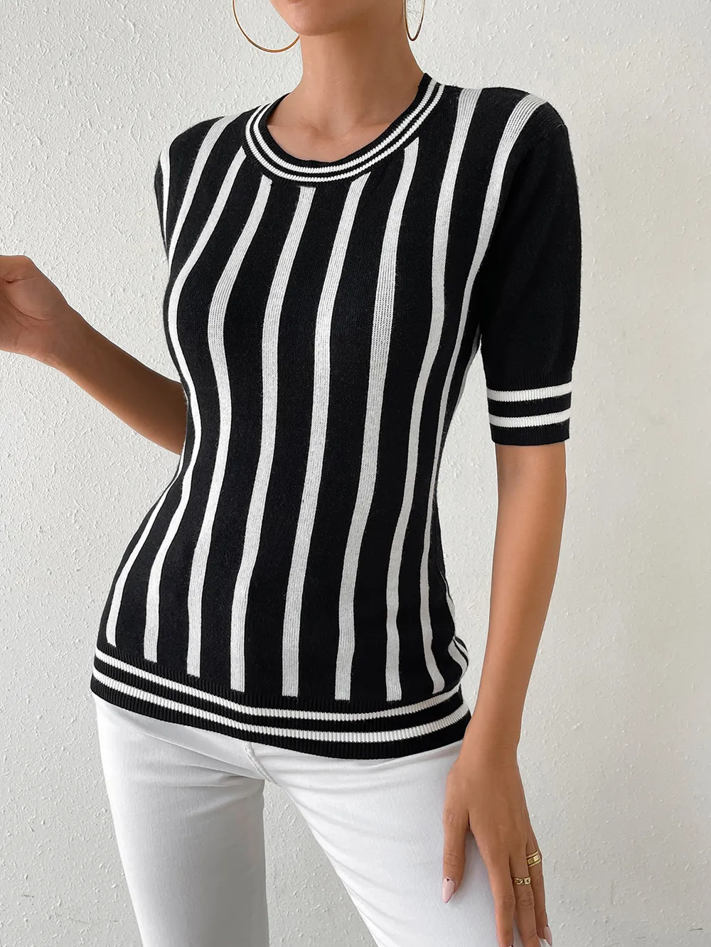 Striped Round Neck Half Sleeve Knit Top, image 3
