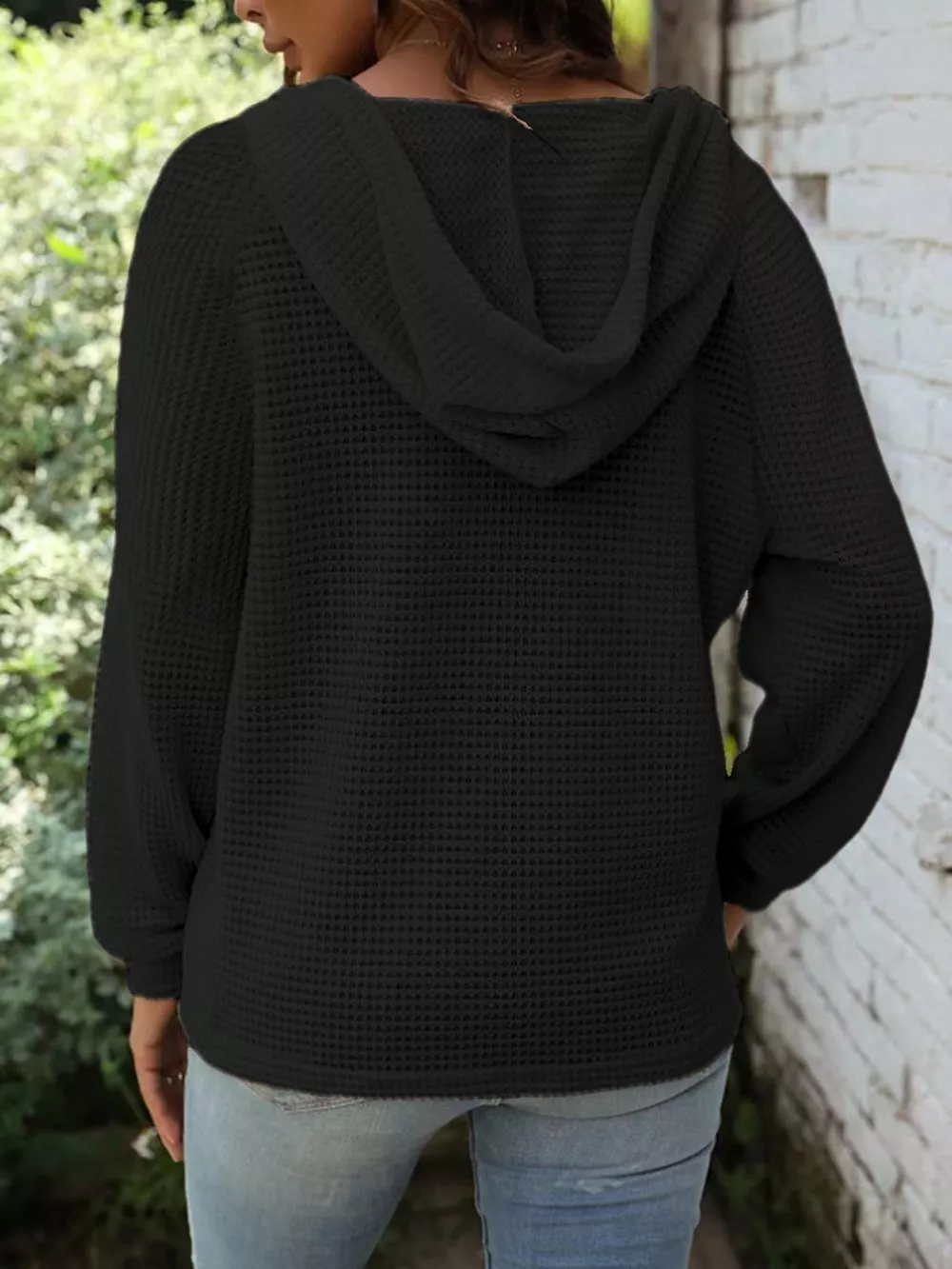 Full Size Button Detail Waffle Knit Hoodie Plus Size, image 15
