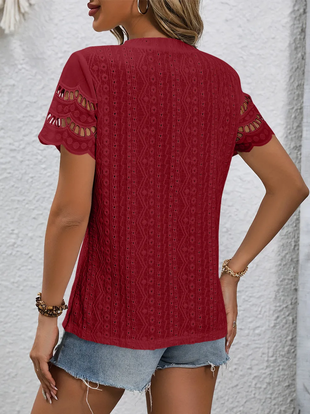 Full Size Eyelet Round Neck Short Sleeve Top, image 22