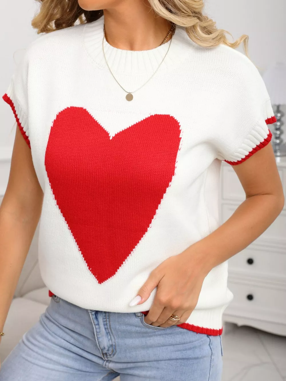 Valentine's Day Heart Graphic Short Sleeve Sweater, image 2