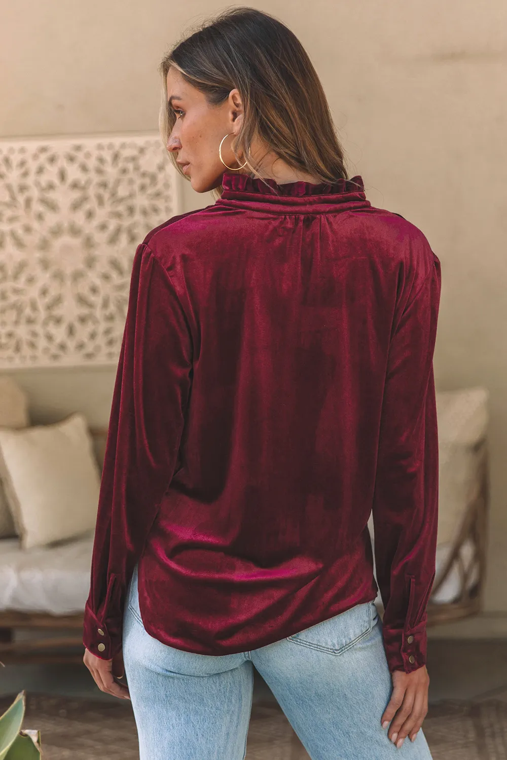 Frill Half Button Mock Neck Long Sleeve Blouse, image 3
