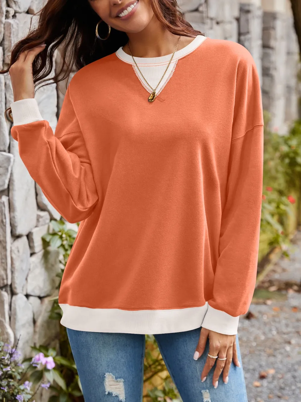 Contrast Round Neck Long Sleeve Sweatshirt, image 21