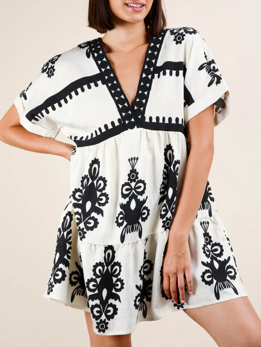 Printed V-Neck Short Sleeve Mini Dress, image 3