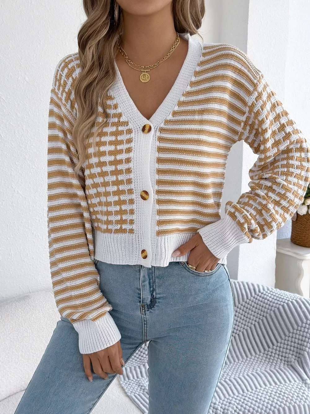 Striped Button-Up Cropped Cardigan, image 18