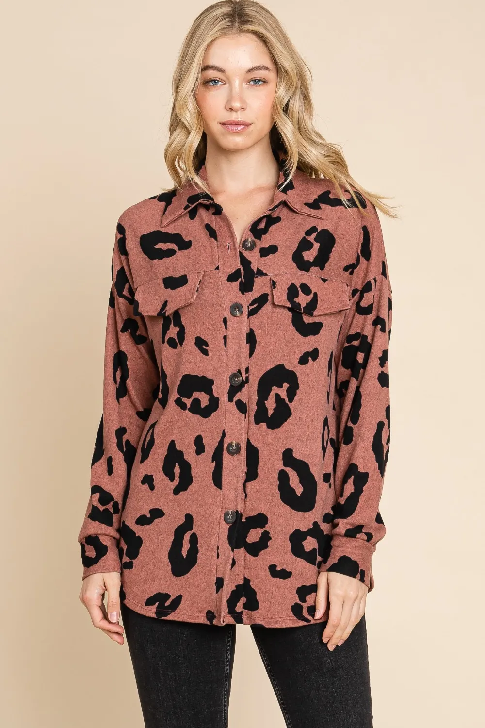 Animal Print Button Up Knit Shacket, image 3