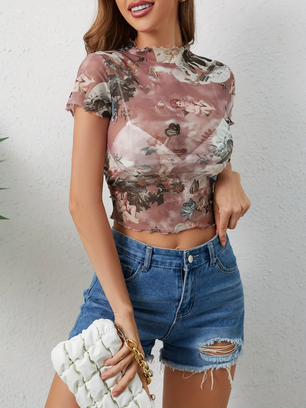 Abstract Print Ruffled Mock Neck Crop T-Shirt, image 13