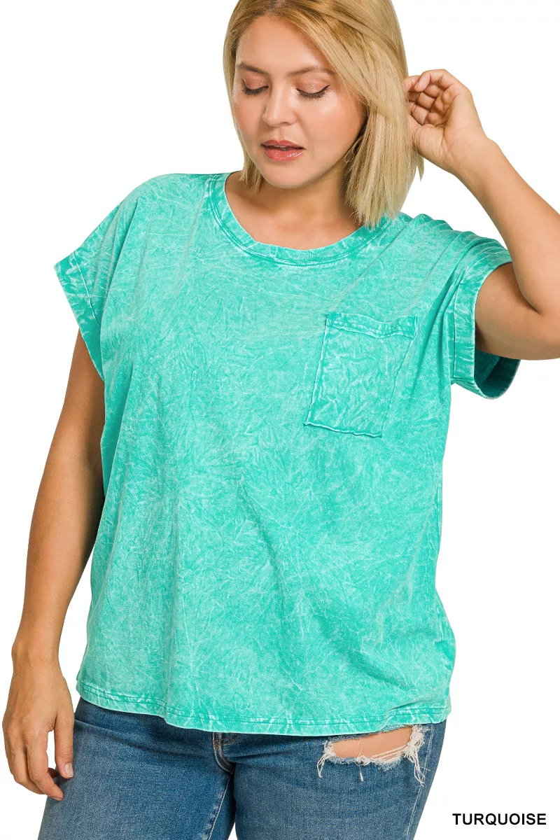 Full Size Crinkle Washed Round Neck Folded Short Sleeve Tee Plus Size, image 2