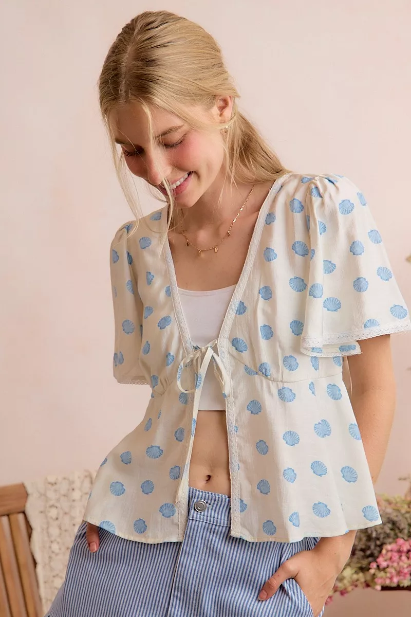 Shell Print Tie Front Flutter Sleeves Blouse Top, image 8