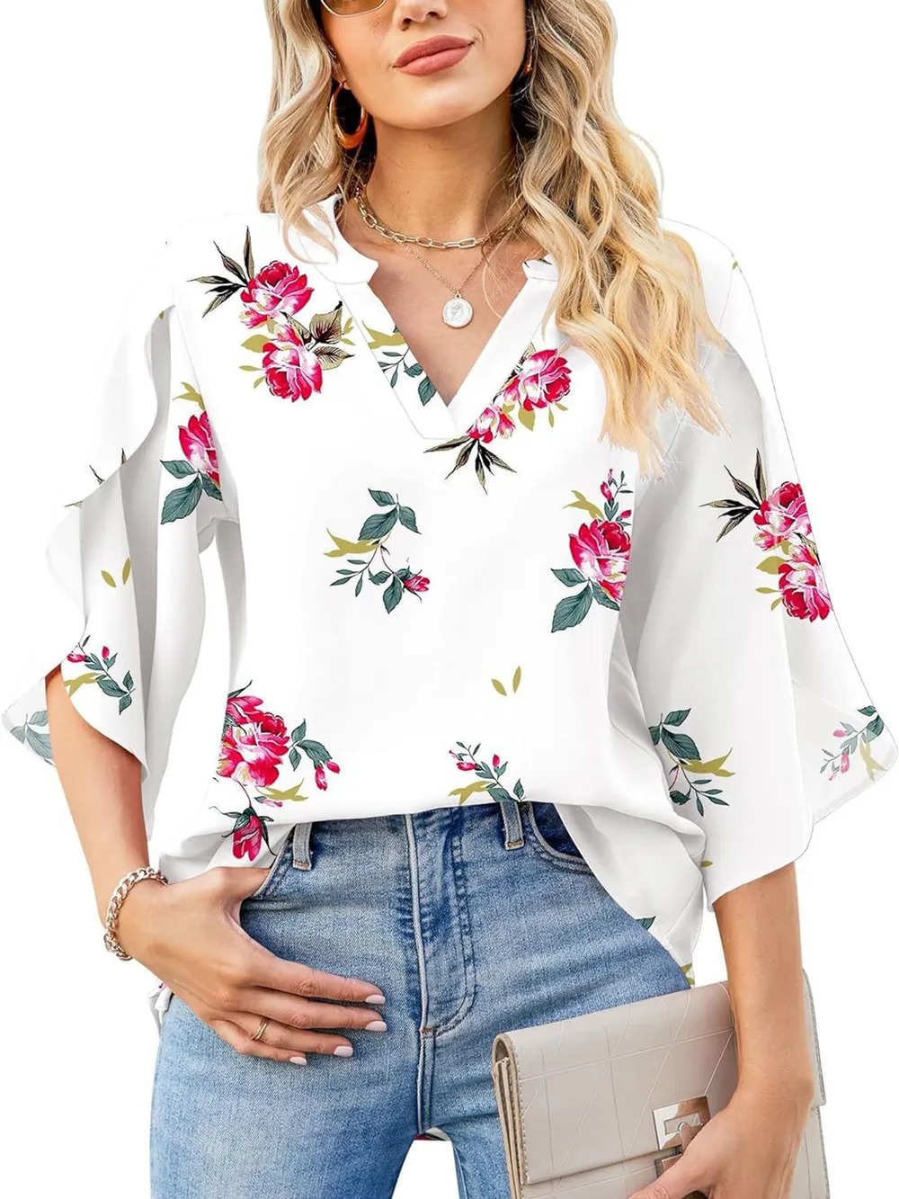 Printed Notched Half Sleeve Blouse, image 19