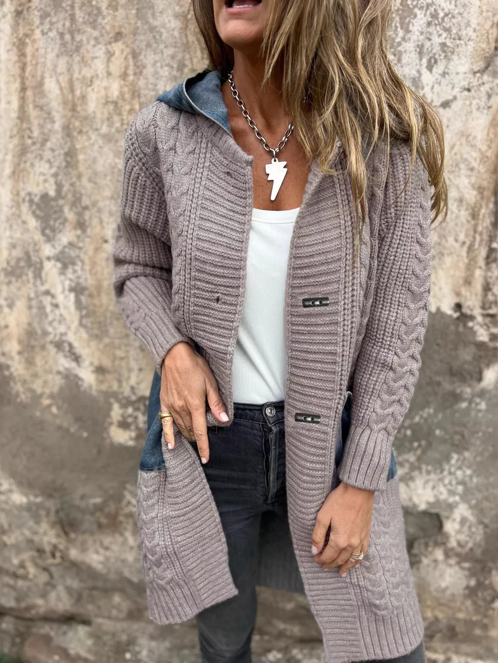 Full Size Hooded Cable Knit Longline Cardigan Plus Size, image 5