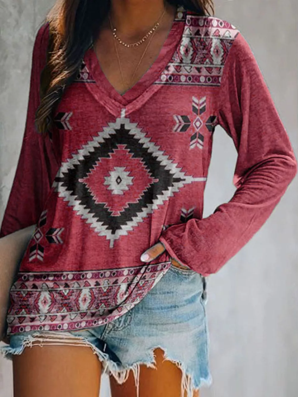 Full Size Geometric V-Neck Long Sleeve T-Shirt Plus Size, image 7