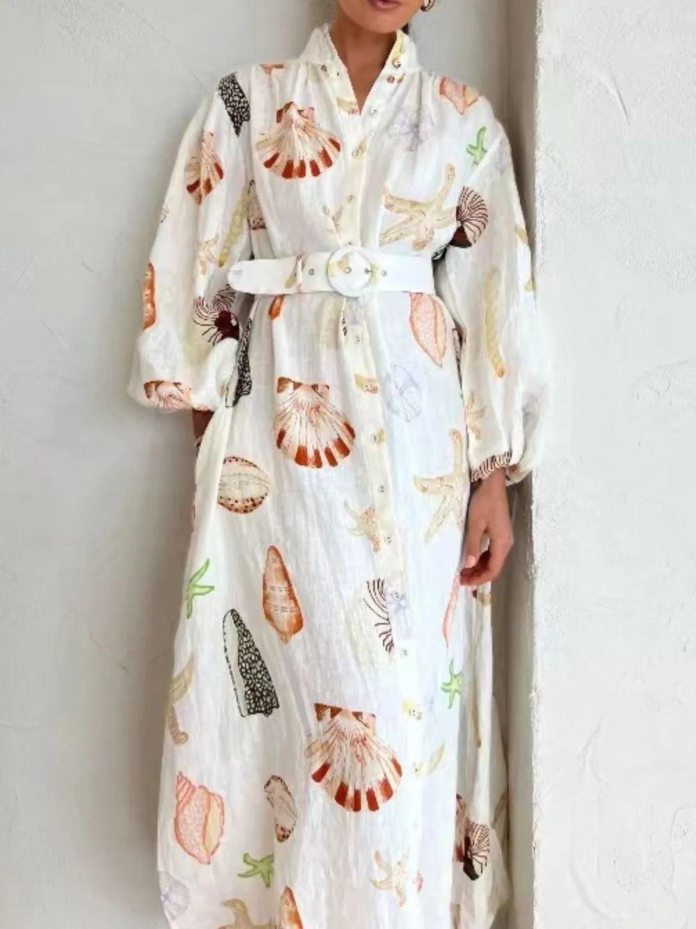 Printed Balloon Sleeve Maxi Shirt Dress, image 4