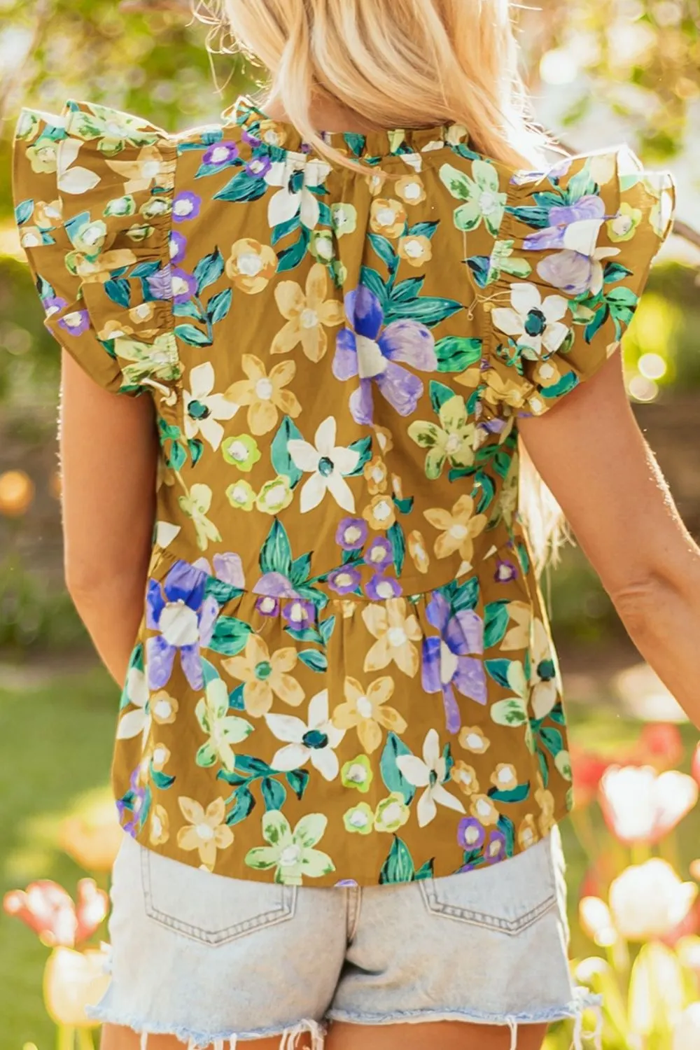 Floral Print Ruffle Cap Sleeve Tie Neck Top, image 9