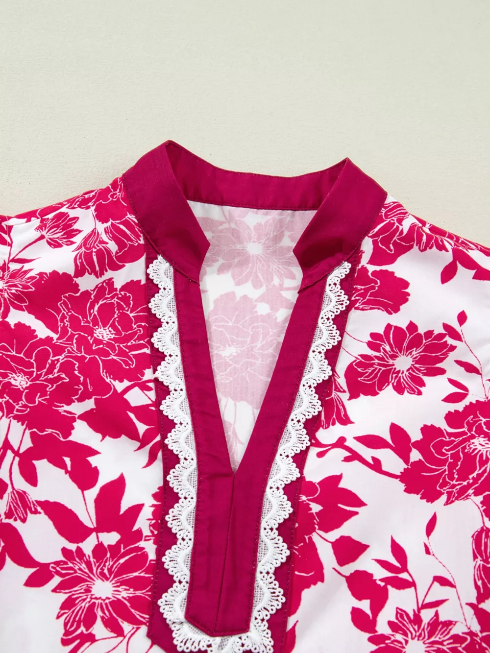 Floral Print Color Block Trim Lace Detail V Neck Flutter Sleeve Blouse, image 7