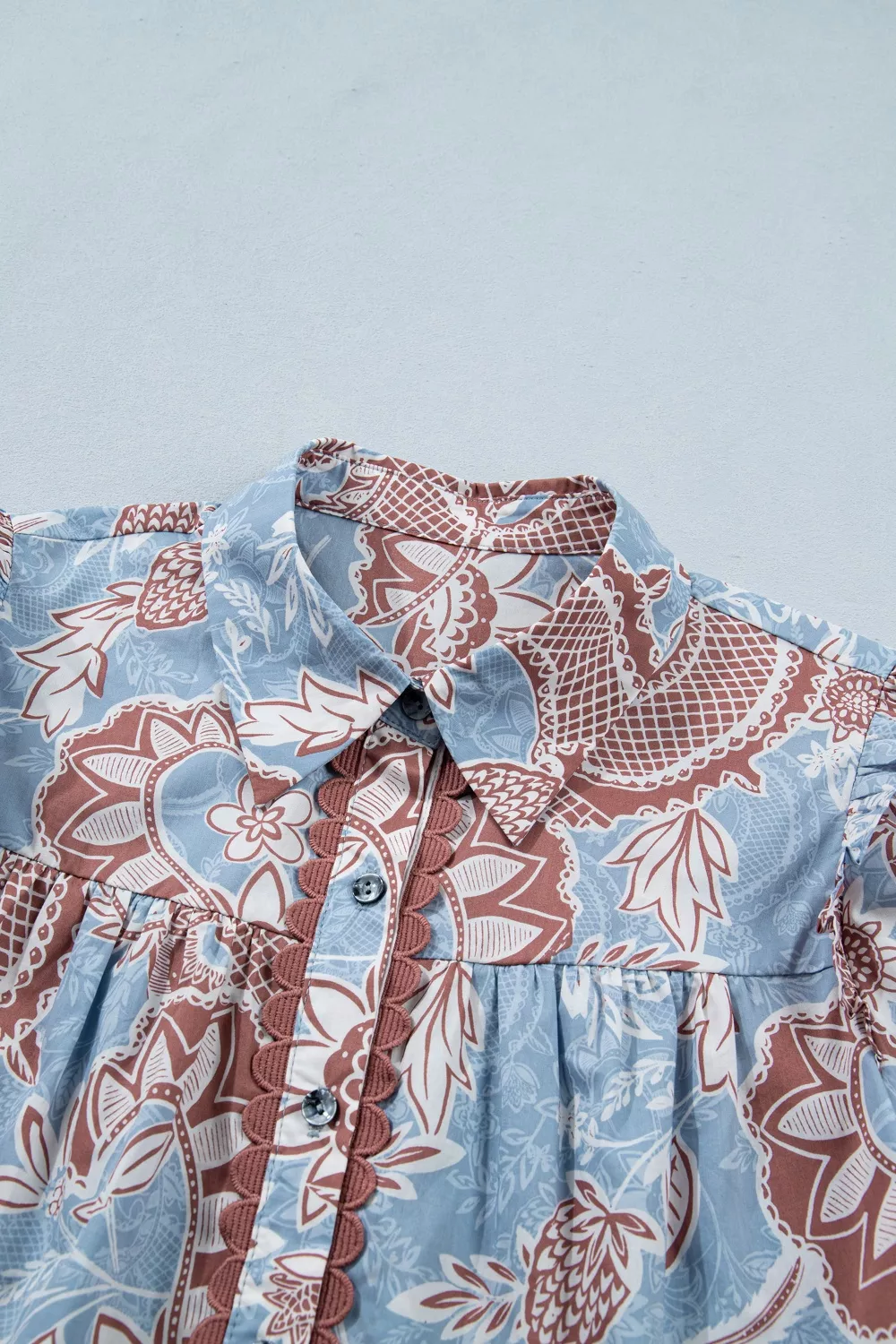 Floral Print Scalloped Trim Button Down Short Sleeve Shirt, image 10