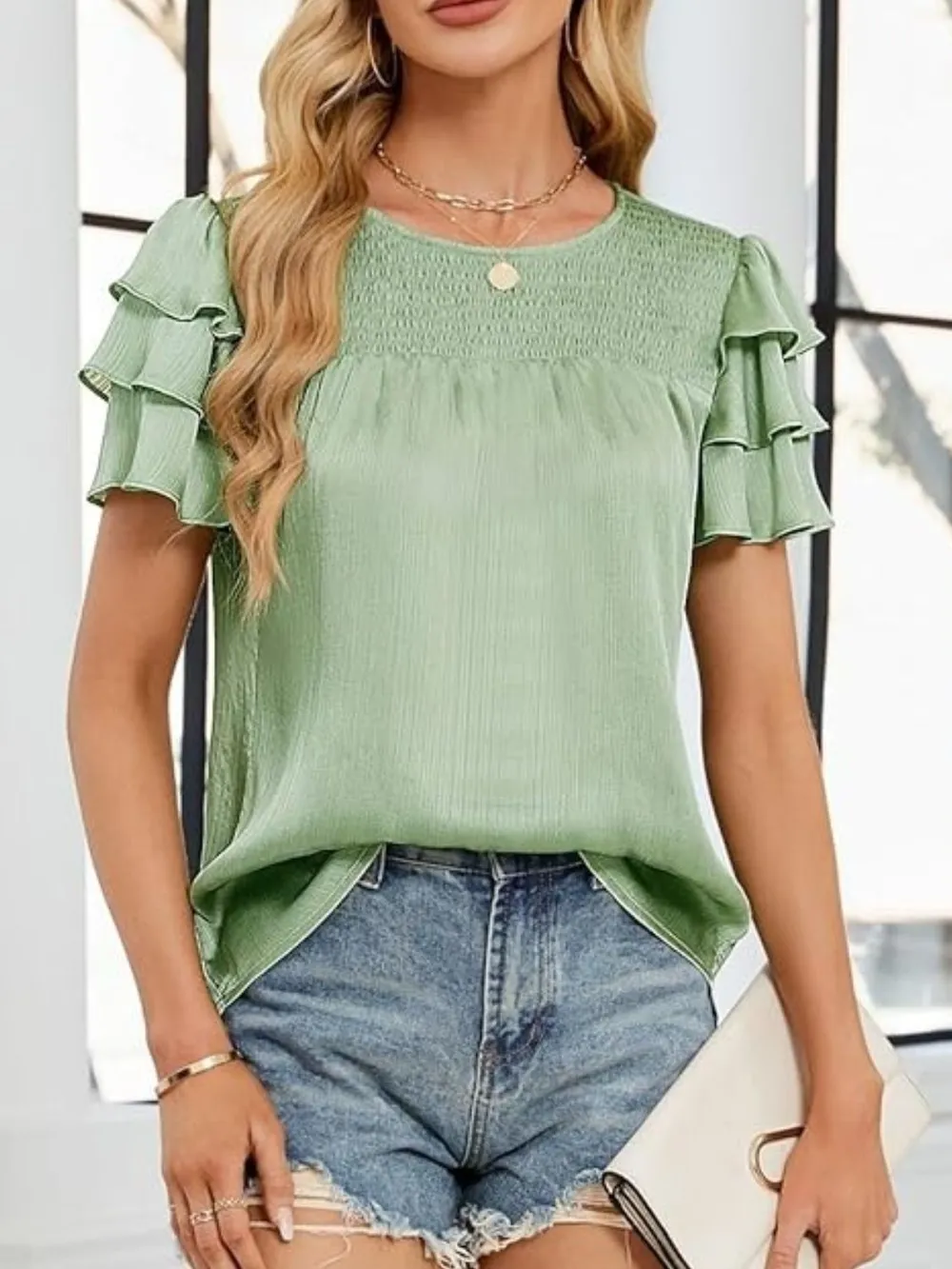 Smocked Round Neck Ruffled Layered Sleeve Blouse, image 13
