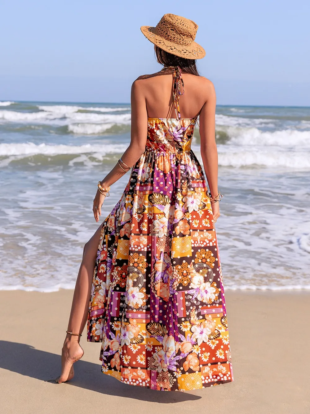 Slit Printed Halter Neck Cami Dress, image 5