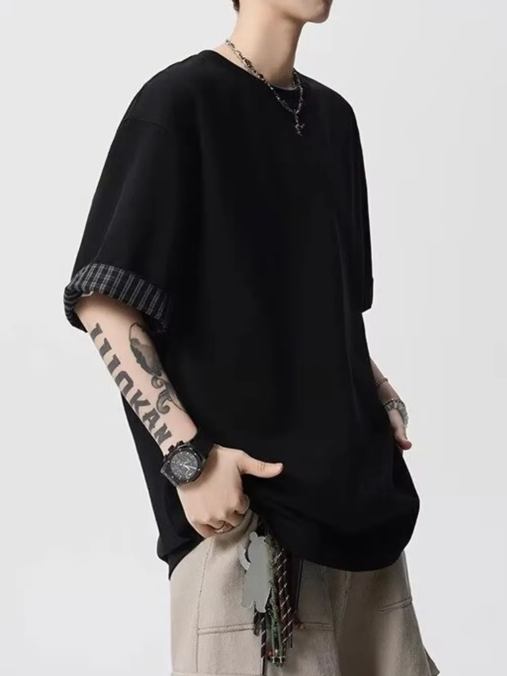 Men's Plaid Trim Round Neck Short Sleeve T-Shirt, image 4