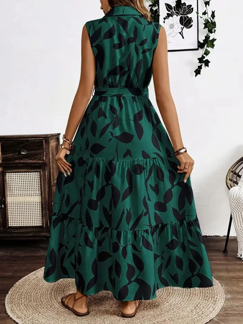 Printed Tie Waist Sleeveless Maxi Dress, image 8