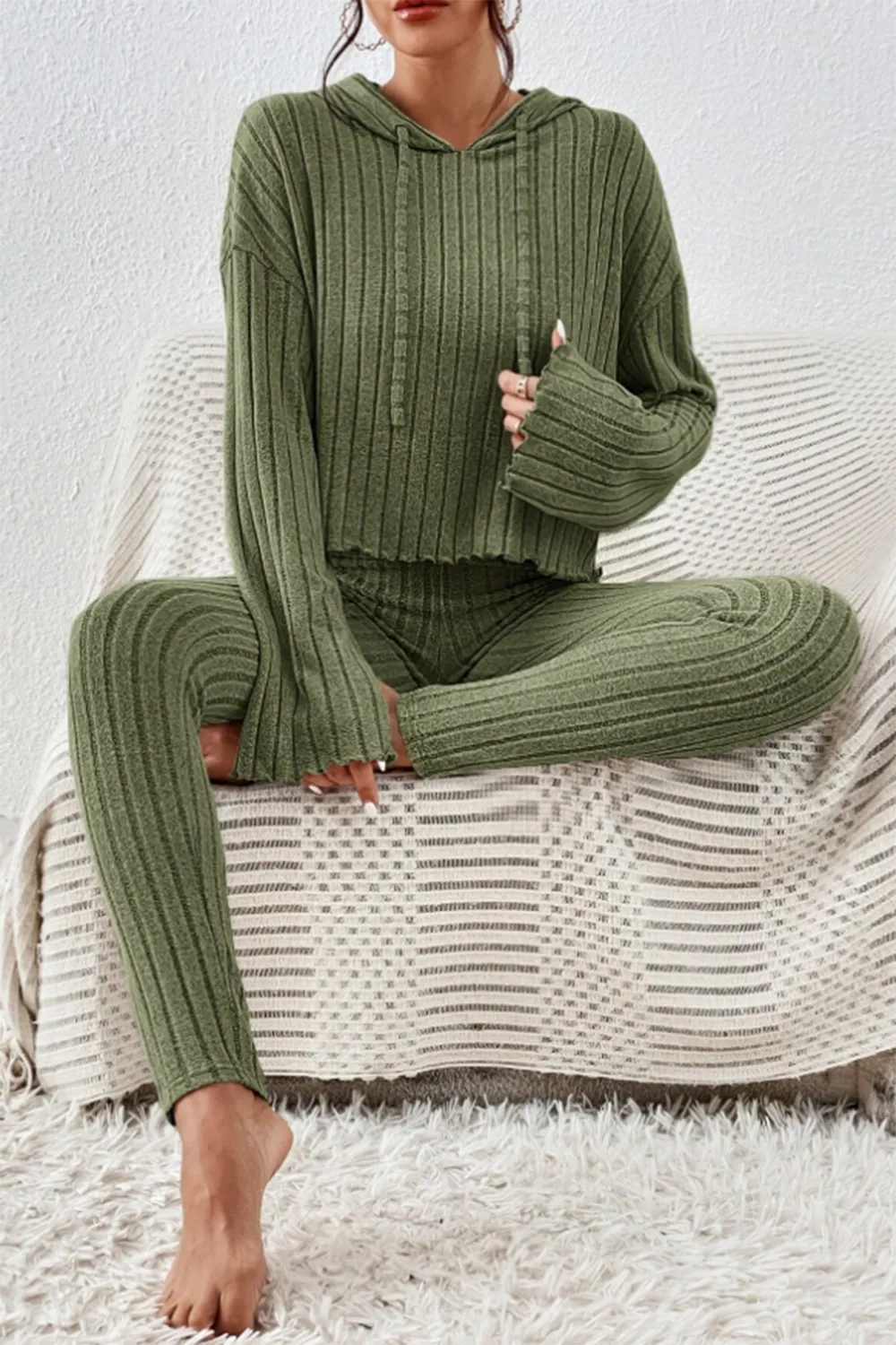 Lettuce Hem Dropped Shoulder Hooded Top and Pants Set, image 4