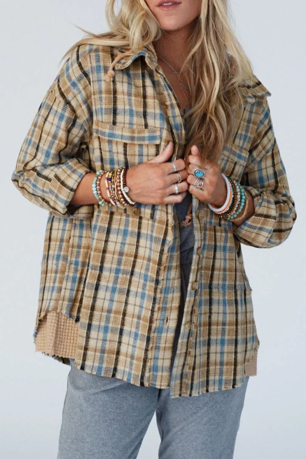 Drawstring Waffle Knit Patchwork Hooded Plaid Shacket, image 2
