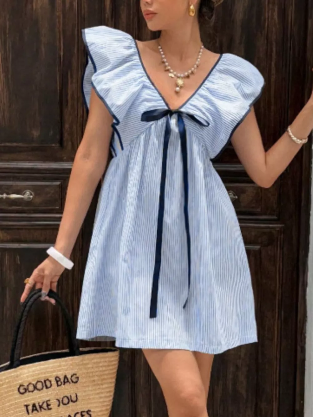 Striped Ruffle Sleeve Mini Dress, image 6