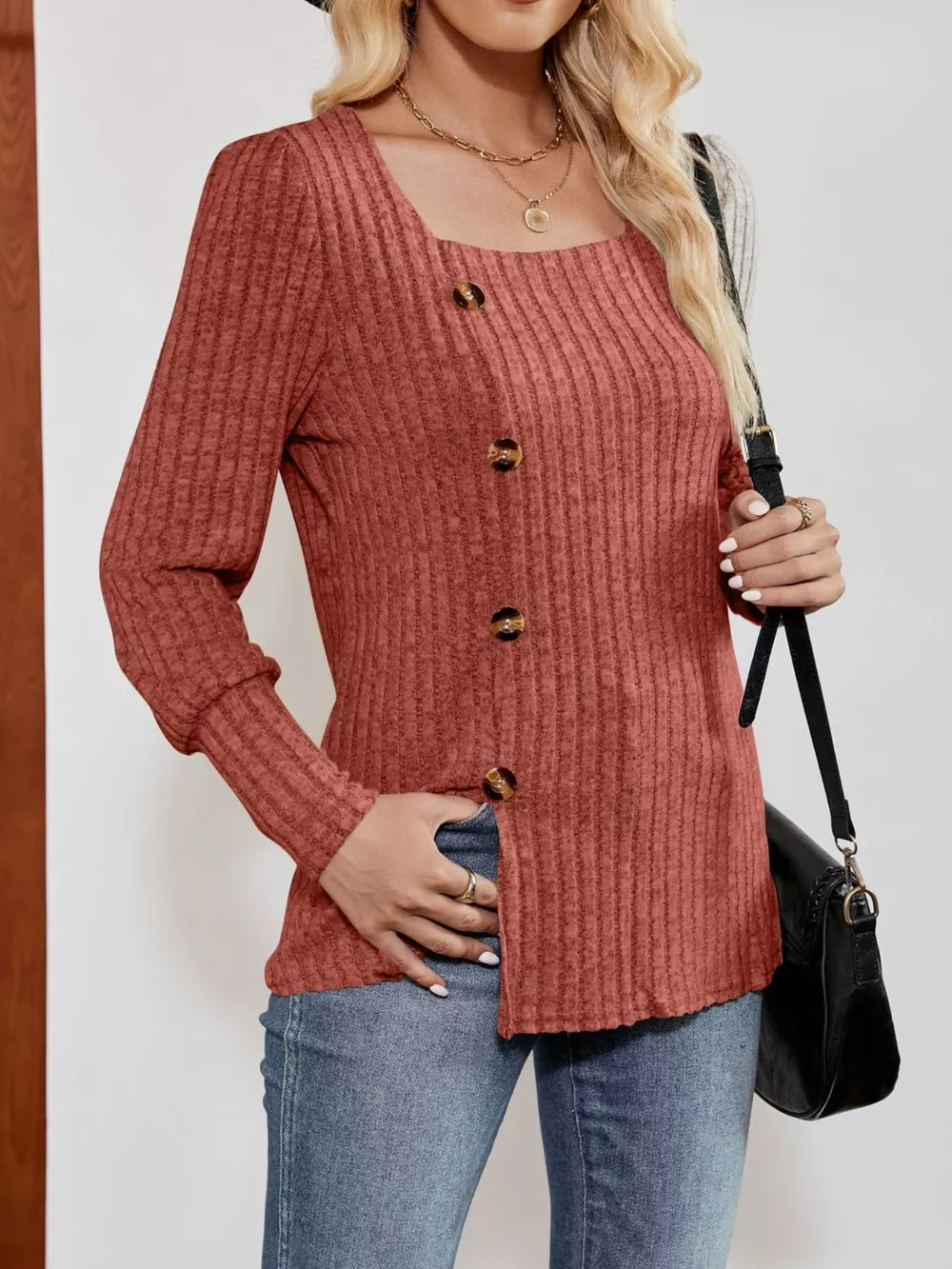 Ribbed Knit Slit Long Sleeve T-Shirt, image 4