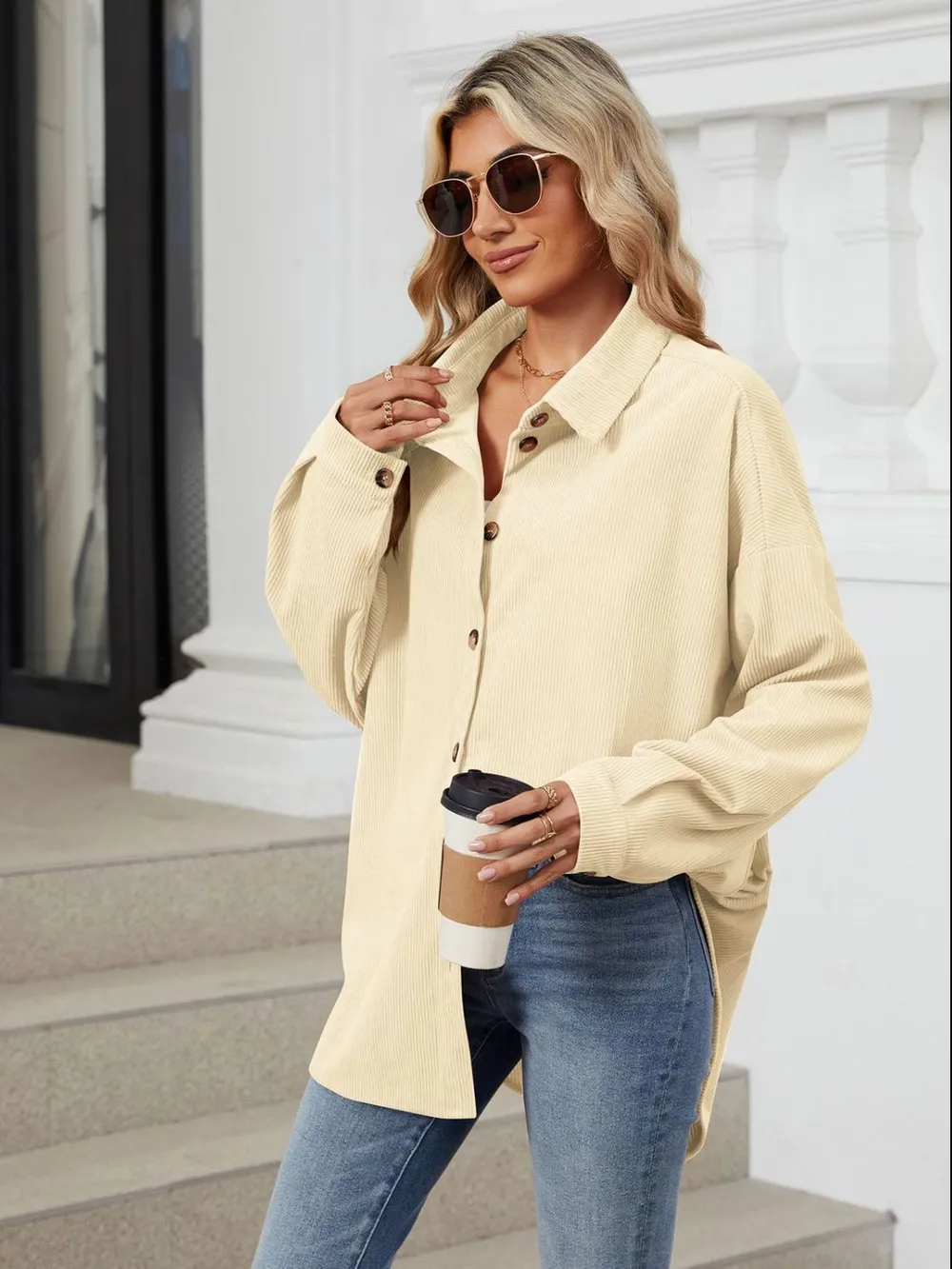 Collared Neck Long Sleeve Dropped Shoulder Shirt, image 17