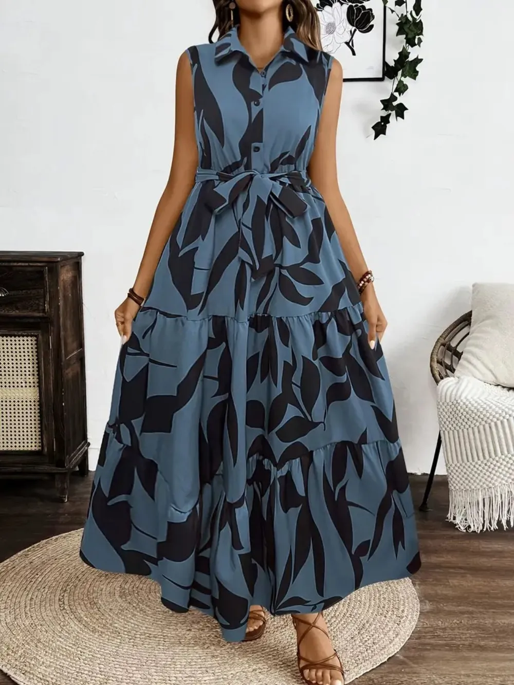 Printed Tie Waist Sleeveless Maxi Dress, image 9