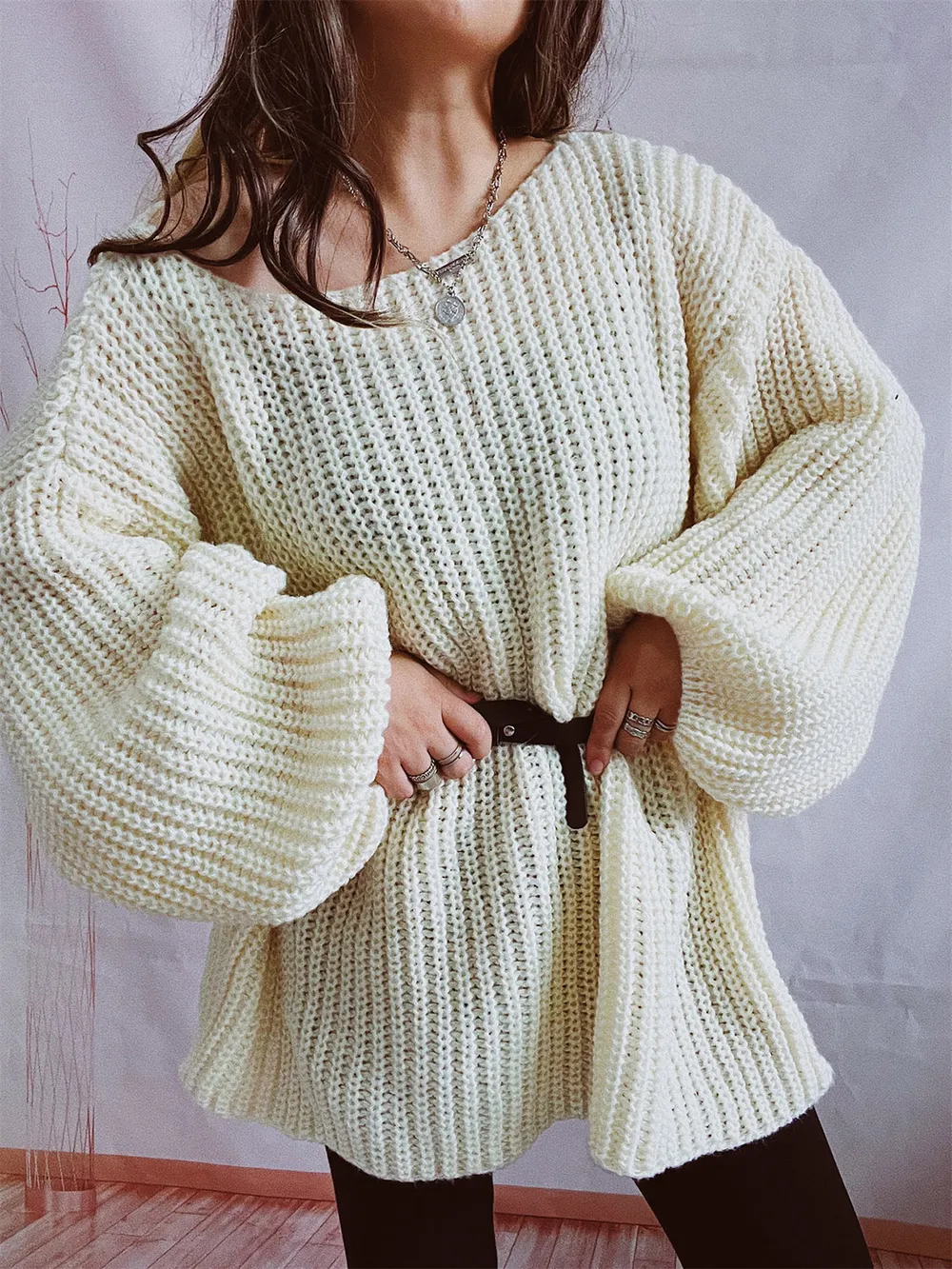 Boat Neck Long Sleeve Sweater with Belt, image 6