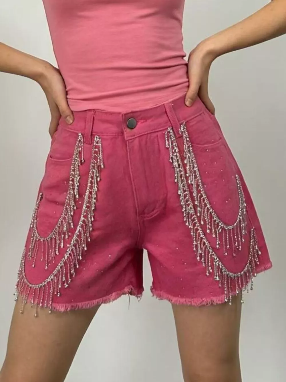 Rhinestone Chain Raw Hem Denim Shorts, image 8