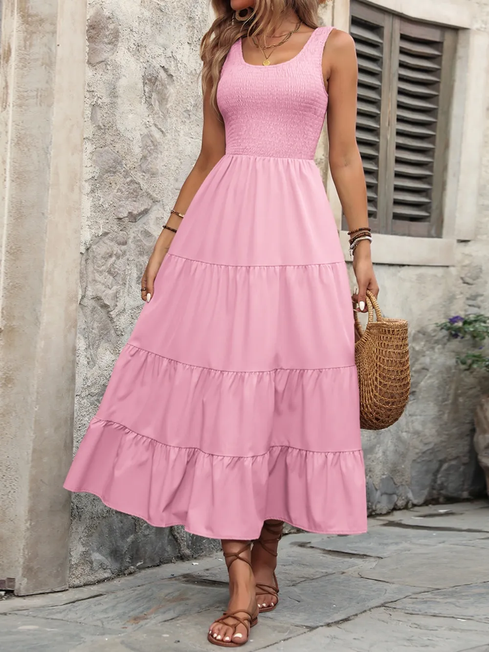 Smocked Scoop Neck Sleeveless Tank Dress, image 10