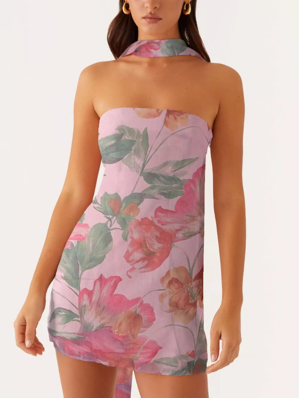 Floral Print Strapless Mini Dress with Scarf, image 7