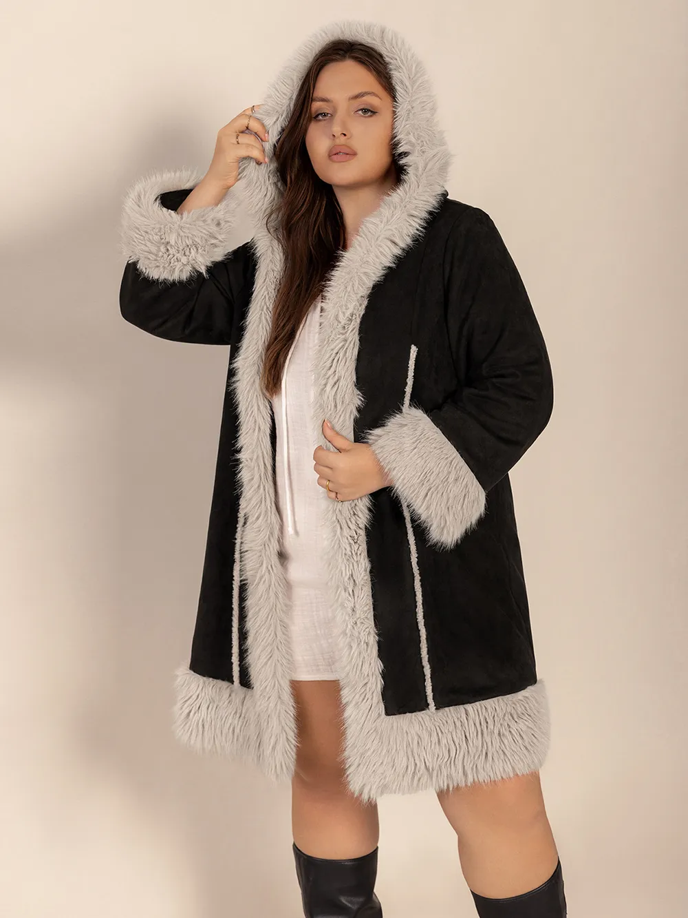 Plus Size Fuzzy Trim Open Front Long Sleeve Hooded Coat, image 7